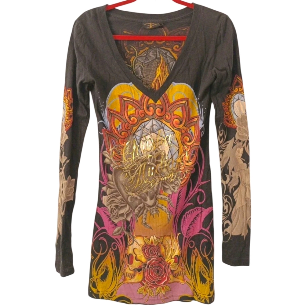 Christian Audigier Thin Cotton Logo Graphic Tunic Shirt Size S
